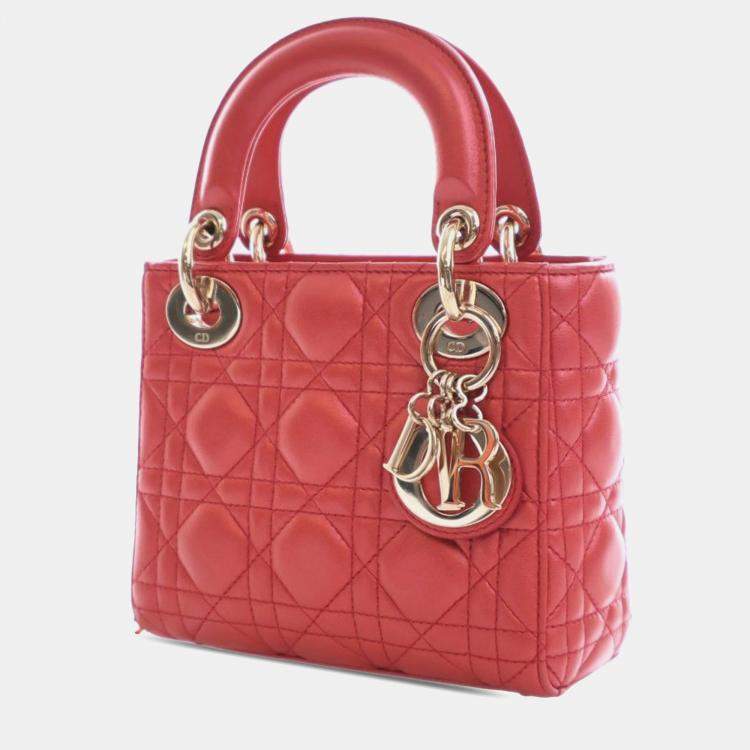 Pre Owned Dior Red Mini Iridescent Lambskin Cannage Lady Dior