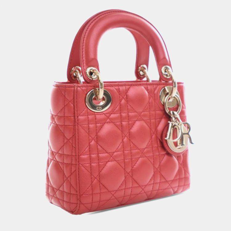 Pre Owned Dior Red Mini Iridescent Lambskin Cannage Lady Dior
