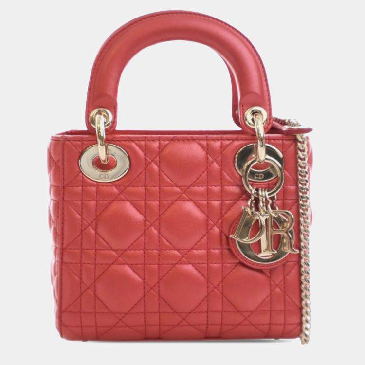 Pre Owned Dior Red Mini Iridescent Lambskin Cannage Lady Dior