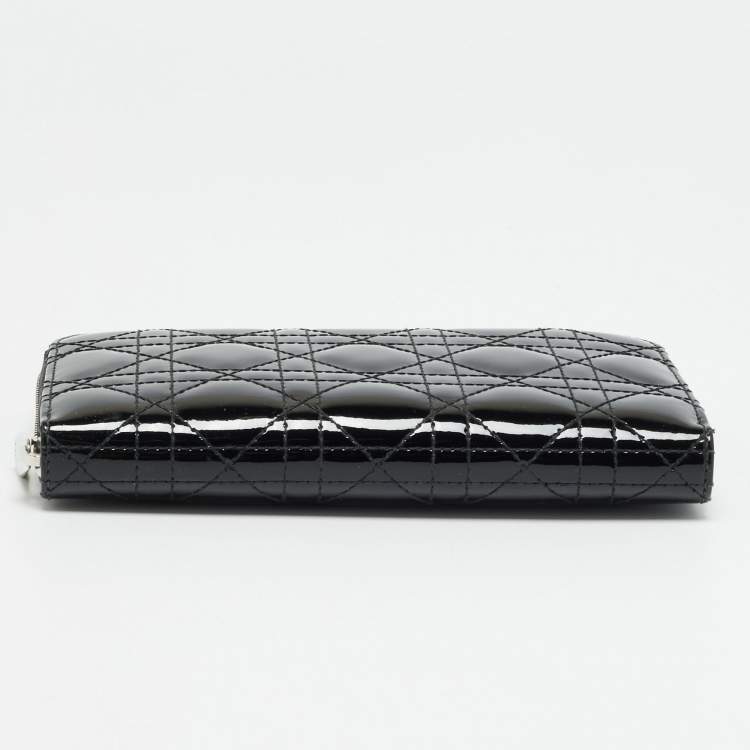 Pre Owned Dior Lady Dior Black Cannage Patent Leather  Zip Around Wallet