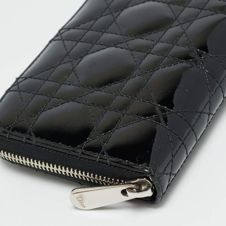 Pre Owned Dior Lady Dior Black Cannage Patent Leather  Zip Around Wallet