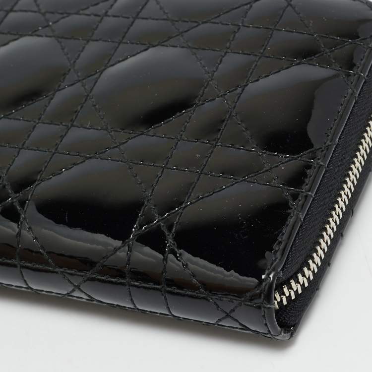 Pre Owned Dior Lady Dior Black Cannage Patent Leather  Zip Around Wallet