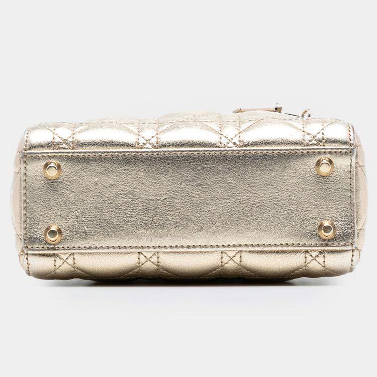 Pre Owned Dior Gold Mini Metallic Lambskin Cannage Lady Dior