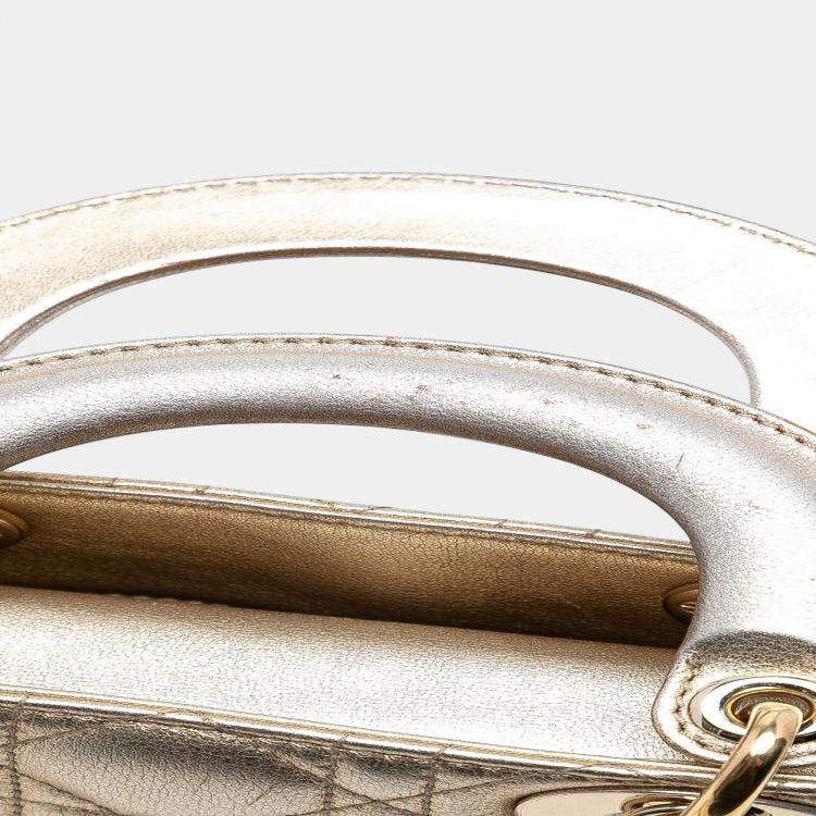 Pre Owned Dior Gold Mini Metallic Lambskin Cannage Lady Dior