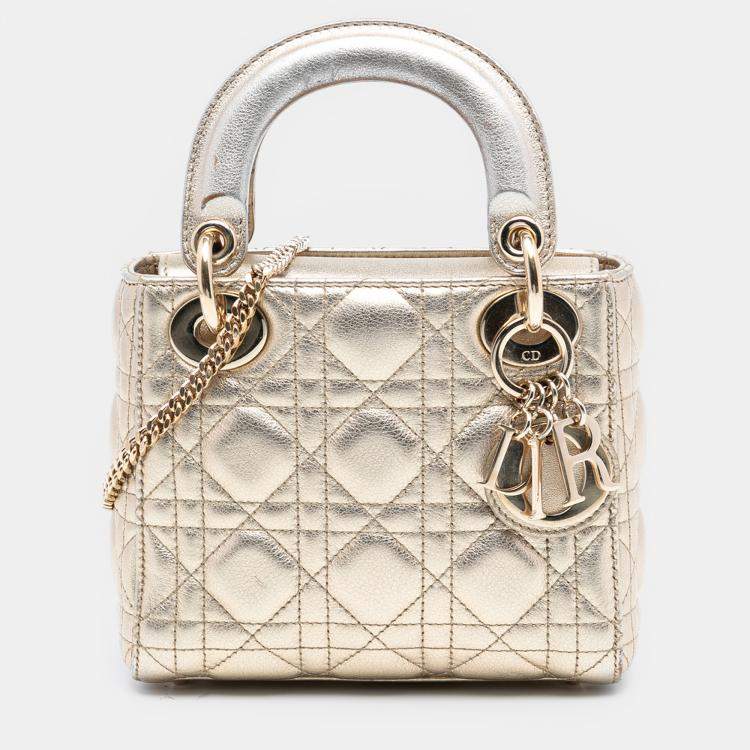 Pre Owned Dior Gold Mini Metallic Lambskin Cannage Lady Dior
