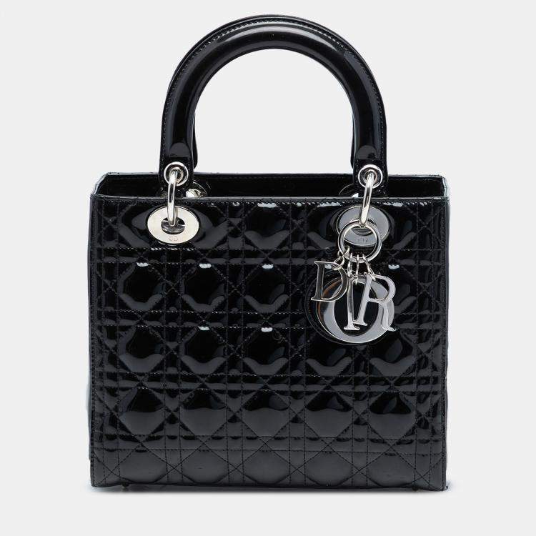 Pre Owned Dior Black Medium Patent Cannage Lady Dior