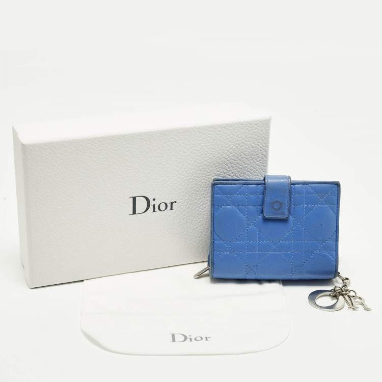 Pre Owned Dior Lady Dior Flap Blue Cannage Leather Compact Wallet