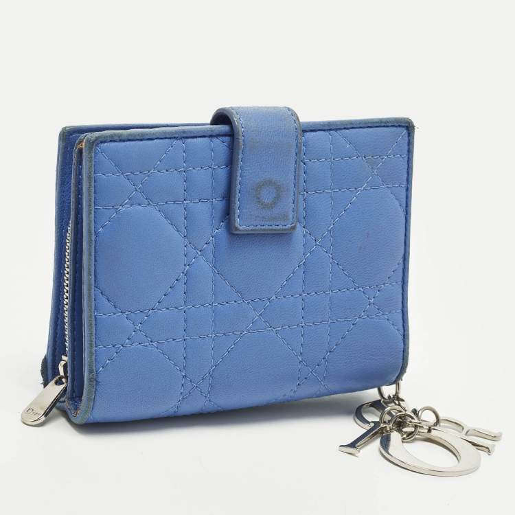 Pre Owned Dior Lady Dior Flap Blue Cannage Leather Compact Wallet