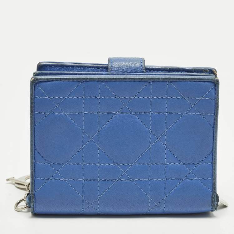 Pre Owned Dior Lady Dior Flap Blue Cannage Leather Compact Wallet