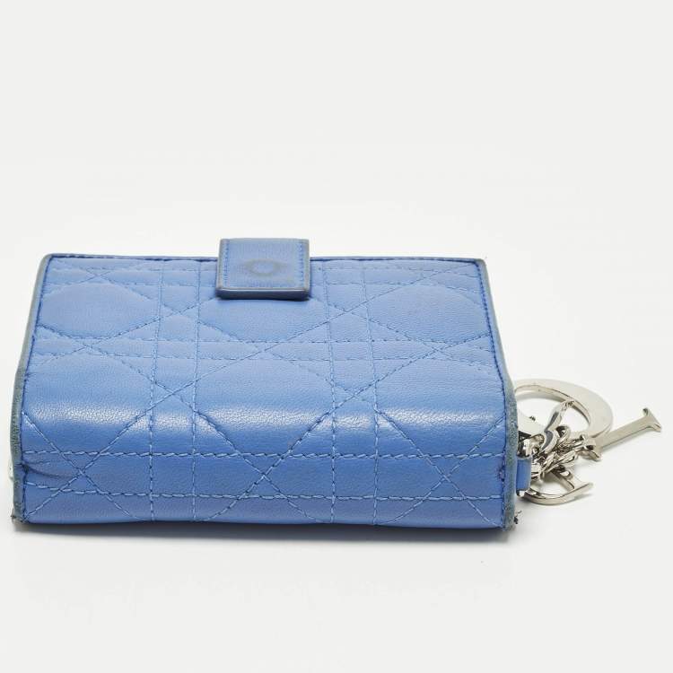 Pre Owned Dior Lady Dior Flap Blue Cannage Leather Compact Wallet