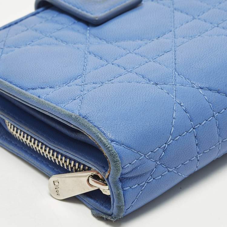 Pre Owned Dior Lady Dior Flap Blue Cannage Leather Compact Wallet