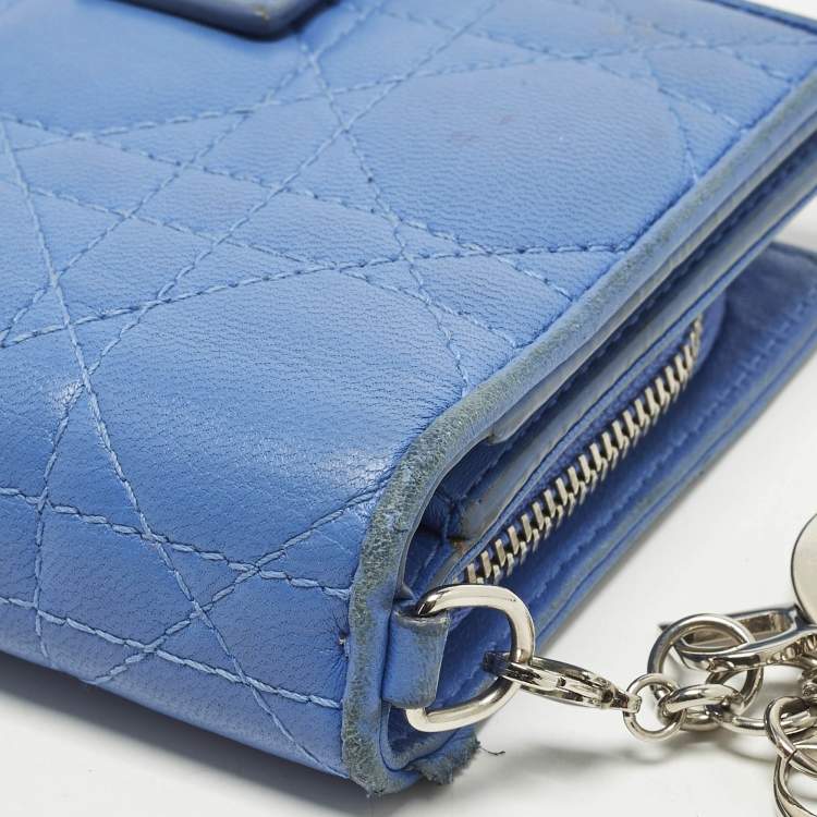 Pre Owned Dior Lady Dior Flap Blue Cannage Leather Compact Wallet