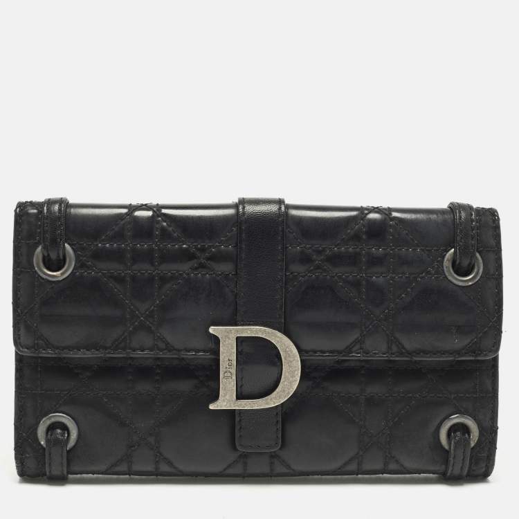 Pre Owned Dior D Logo Black CannageLeather Continental Wallet