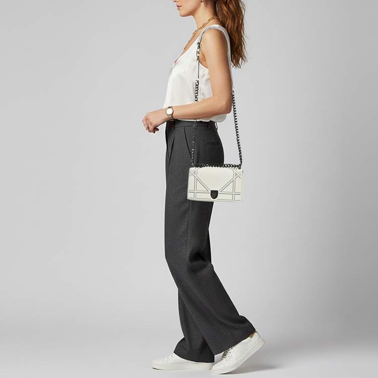 Pre Owned Dior Diorama Small Off White Cannage Studded Leather Flap Bag