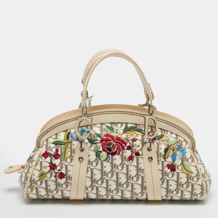 Pre Owned Dior Trotter Ivory/Beige Diorissimo Canvas and Leather Floral Embroidered Satchel