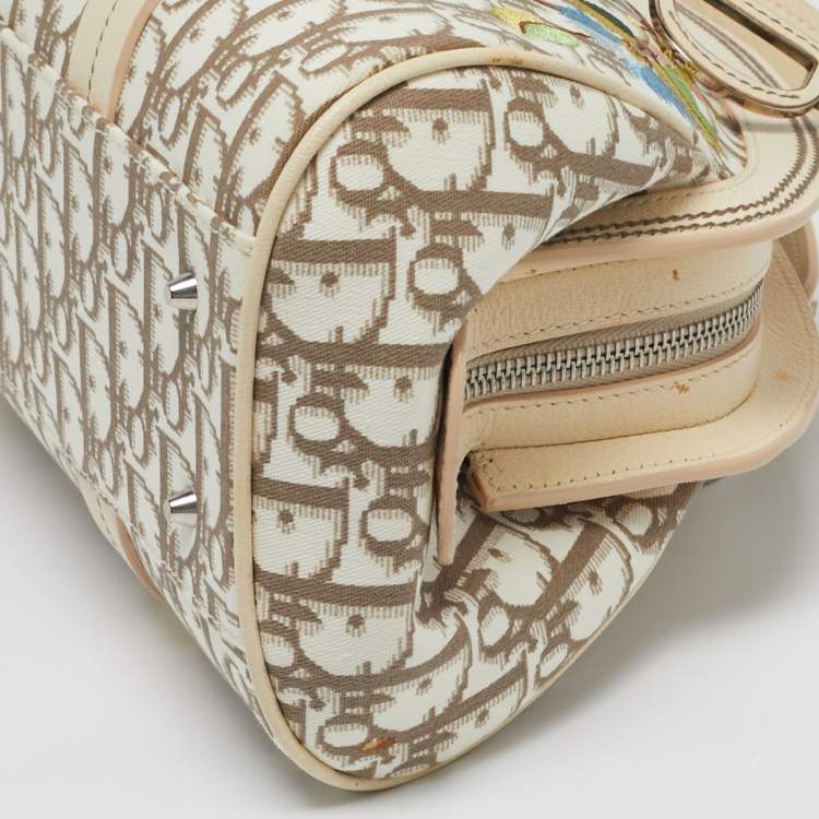 Pre Owned Dior Trotter Ivory/Beige Diorissimo Canvas and Leather Floral Embroidered Satchel