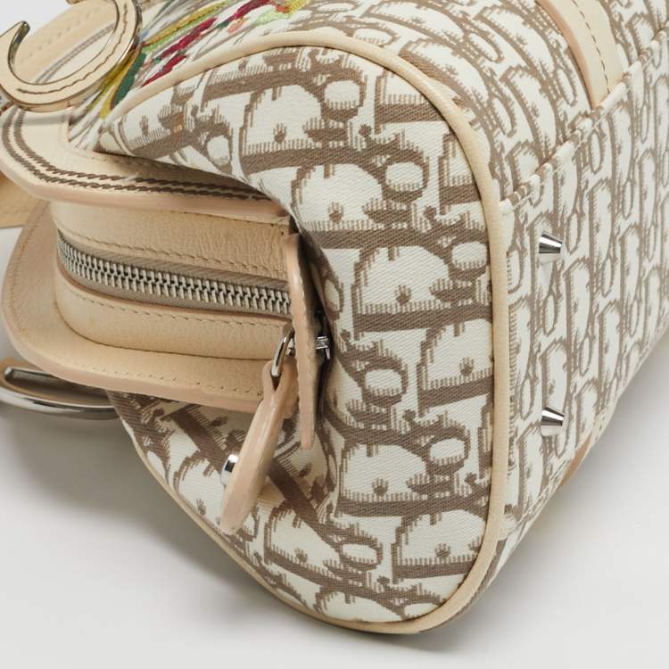 Pre Owned Dior Trotter Ivory/Beige Diorissimo Canvas and Leather Floral Embroidered Satchel