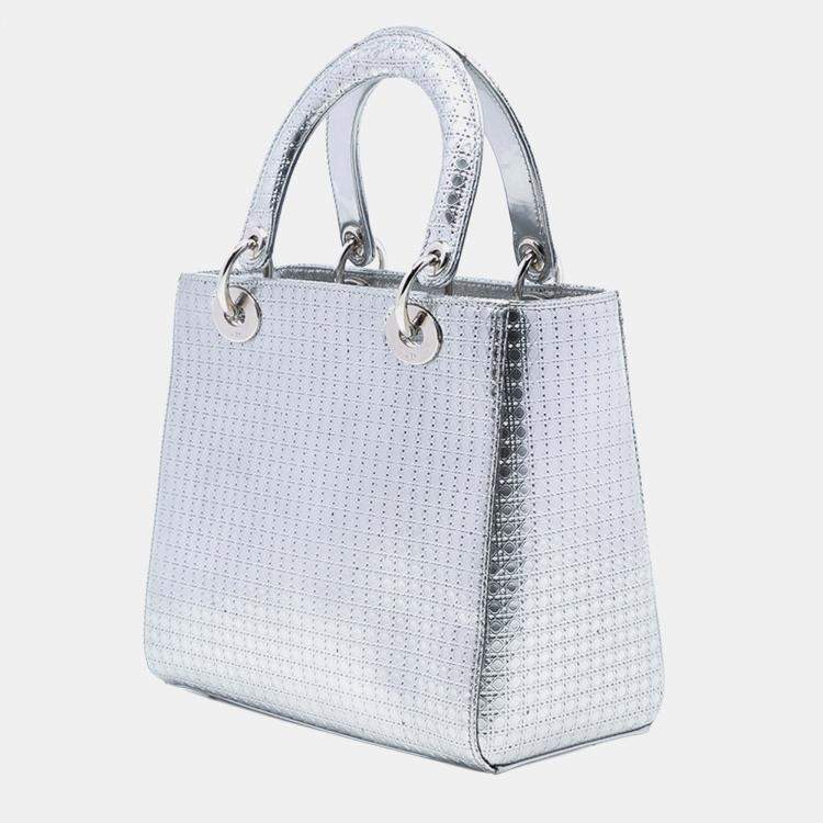 Pre Owned Dior Silver Medium Metallic Patent Microcannage Lady Dior