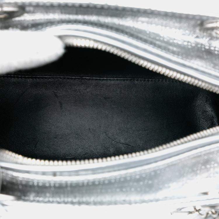 Pre Owned Dior Silver Medium Metallic Patent Microcannage Lady Dior