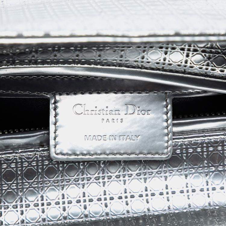 Pre Owned Dior Silver Medium Metallic Patent Microcannage Lady Dior