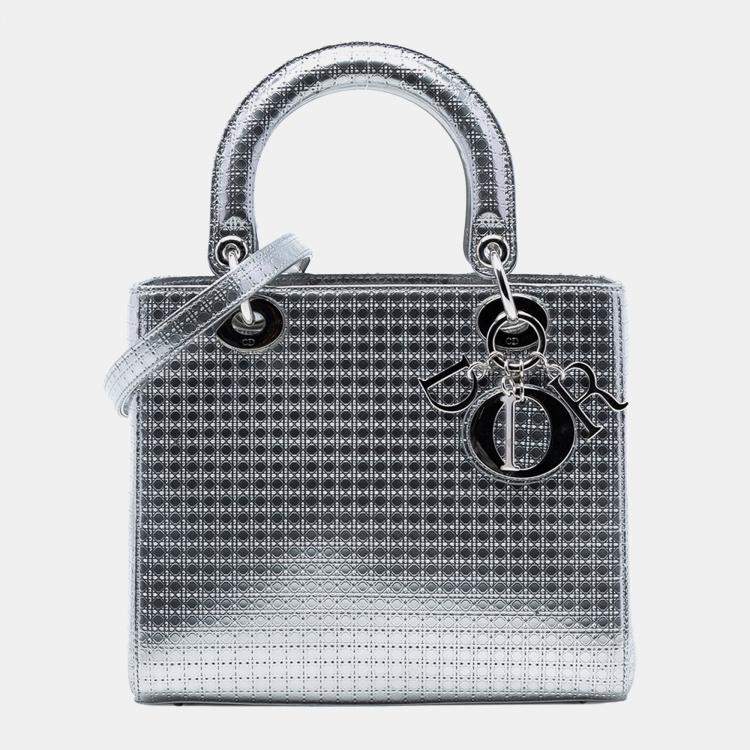 Pre Owned Dior Silver Medium Metallic Patent Microcannage Lady Dior