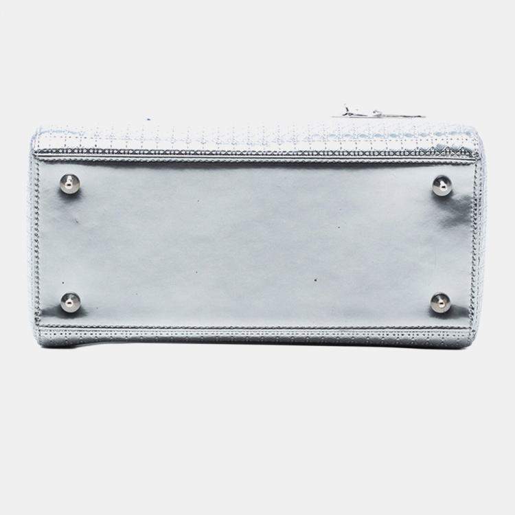 Pre Owned Dior Silver Medium Metallic Patent Microcannage Lady Dior