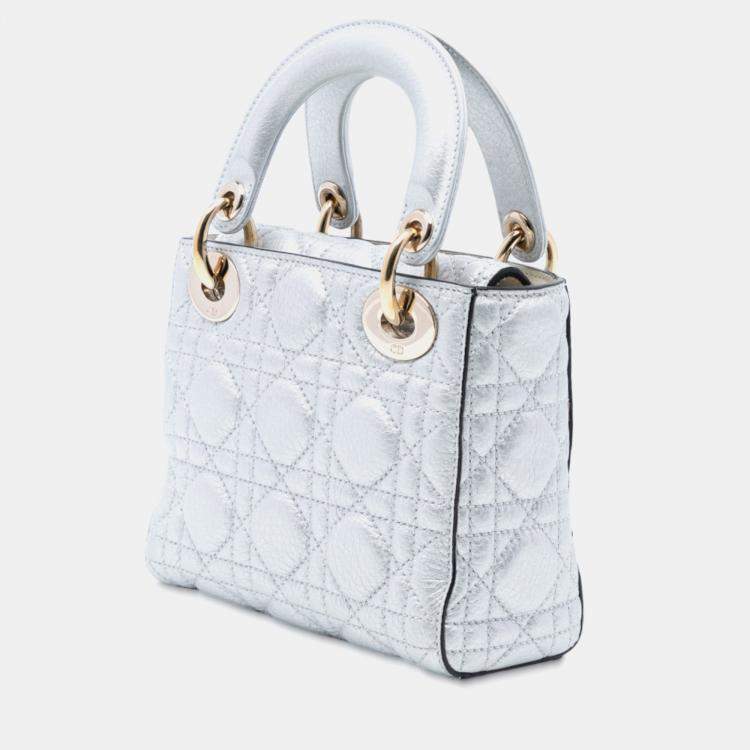 Pre Owned Dior Silver Mini Metallic Lambskin Cannage Lady Dior