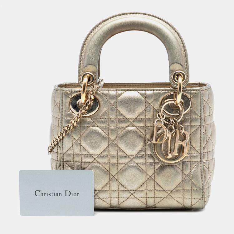 Pre Owned Dior Gold Mini Metallic Lambskin Cannage Lady Dior