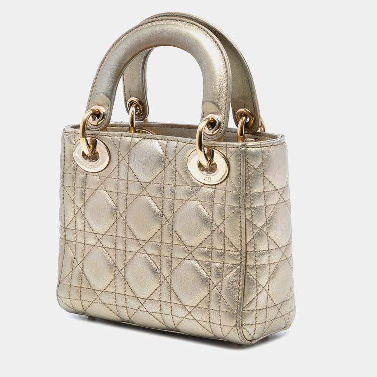Pre Owned Dior Gold Mini Metallic Lambskin Cannage Lady Dior