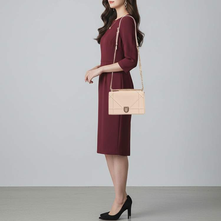 Pre Owned Dior Diorama Medium Beige Patent Leather Shoulder Bag