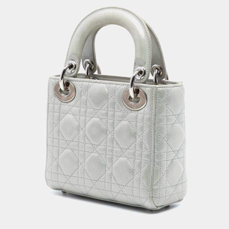 Pre Owned Dior Silver Mini Iridescent Lambskin Cannage Lady Dior