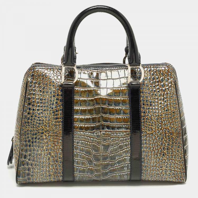 Pre Owned Dior Saddle Green/Black Crocodile Boston Bag