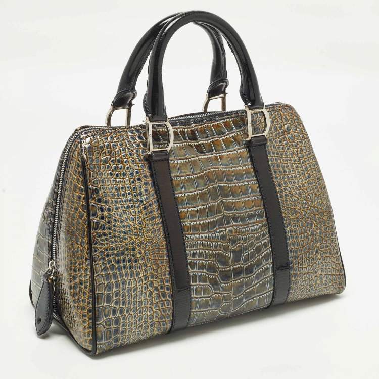 Pre Owned Dior Saddle Green/Black Crocodile Boston Bag