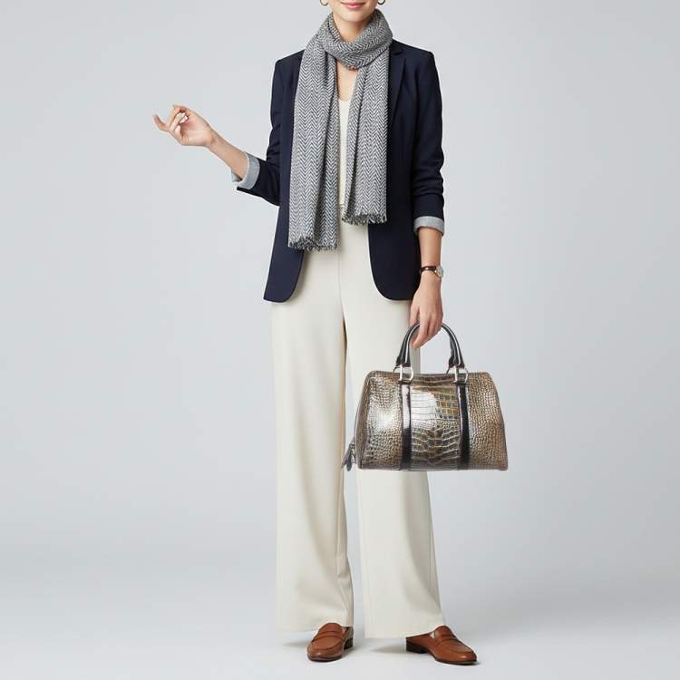 Pre Owned Dior Saddle Green/Black Crocodile Boston Bag