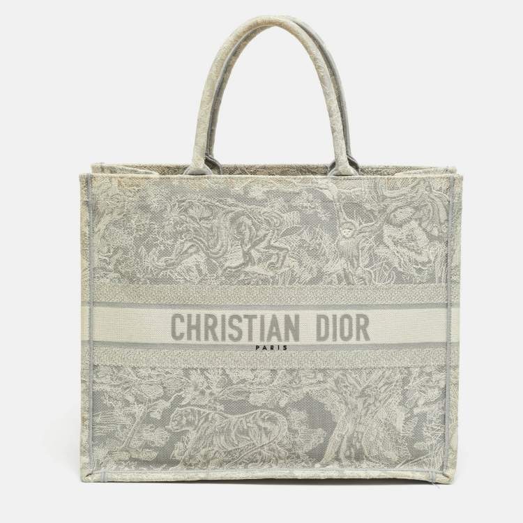 مملوكة مسبقًا Dior Toile De Jouy Grey/White Large Embroidered Canvas Book Tote