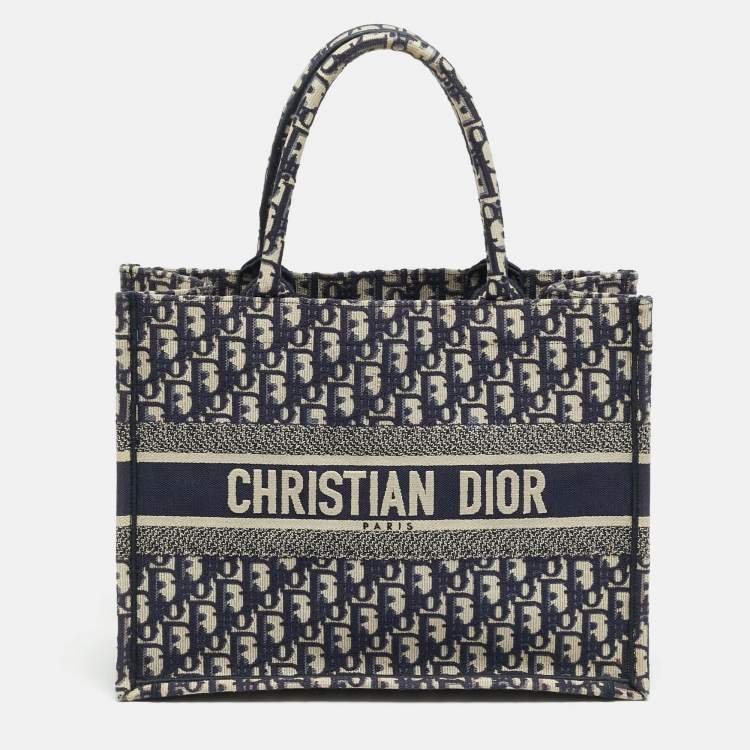 Pre Owned Dior Oblique Embroidered Book Medium Navy Blue Canvas Tote