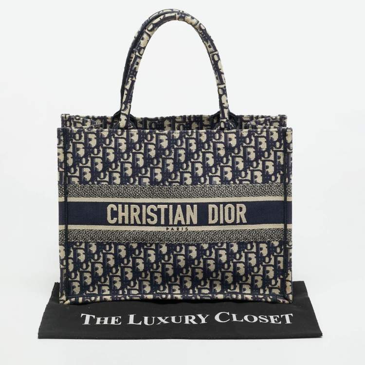 Pre Owned Dior Oblique Embroidered Book Medium Navy Blue Canvas Tote
