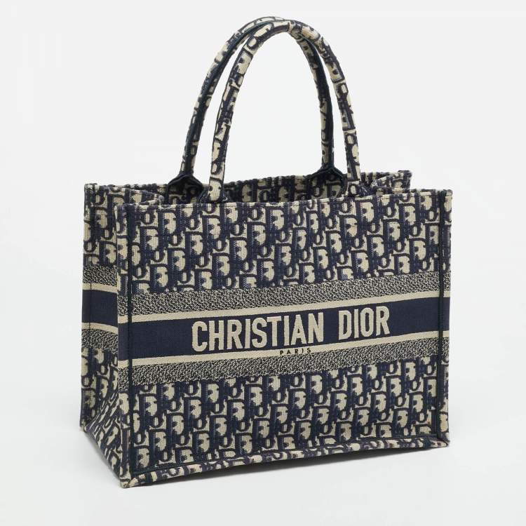 Pre Owned Dior Oblique Embroidered Book Medium Navy Blue Canvas Tote