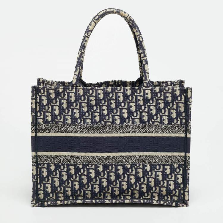 Pre Owned Dior Oblique Embroidered Book Medium Navy Blue Canvas Tote