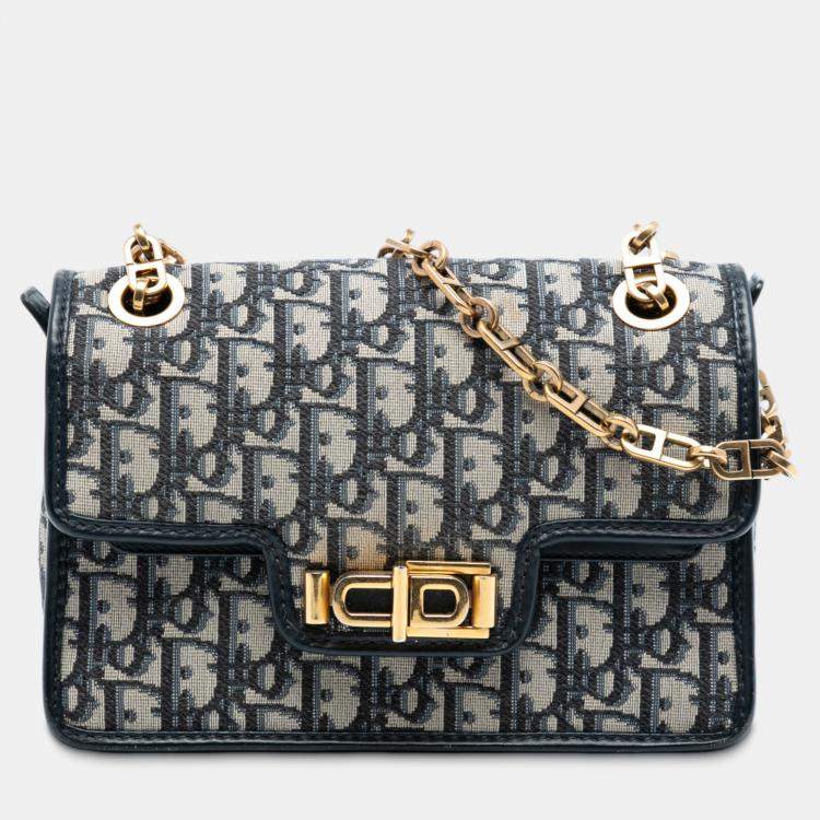 Pre Owned Dior Blue Oblique Canvas CD Lock Chain Flap Crossbody