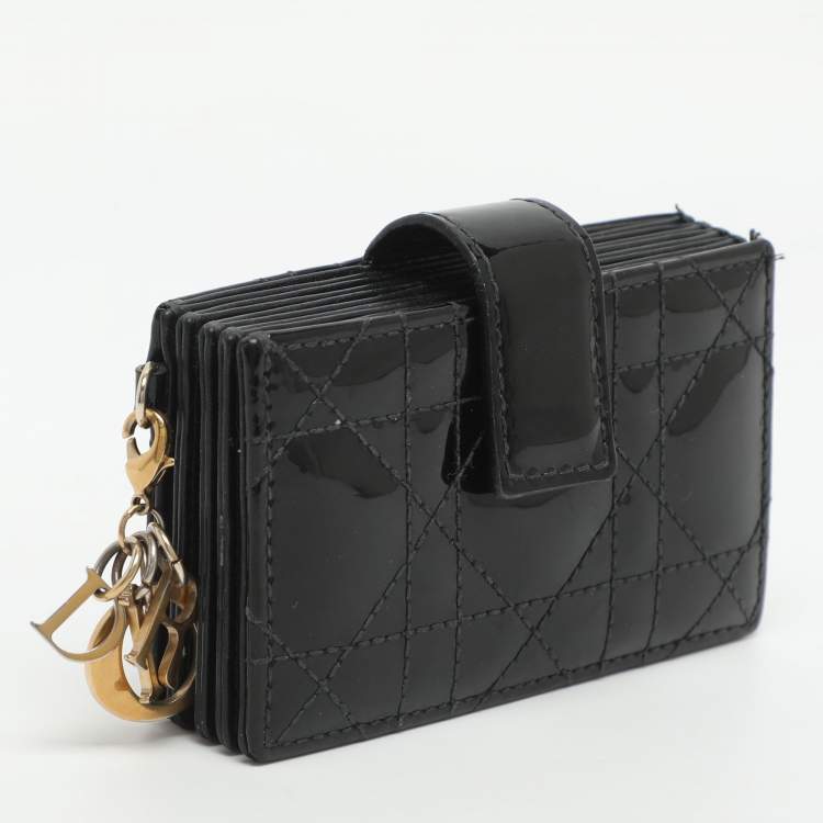 Pre Owned Dior Lady Dior Black Cannage Patent Leather Gusset Card Holder