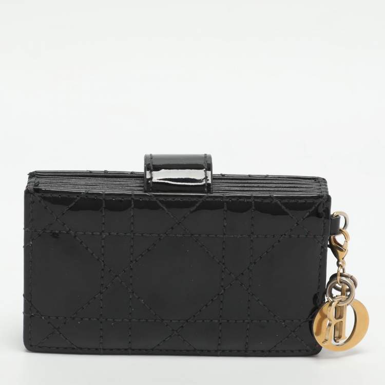 Pre Owned Dior Lady Dior Black Cannage Patent Leather Gusset Card Holder