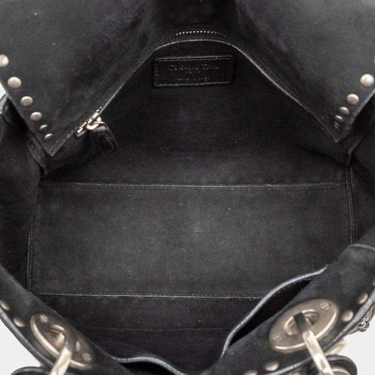 Pre Owned Dior Black Medium Calfskin Cannage Embossed Flower Studded Supple Lady Dior