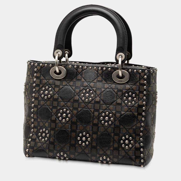 Pre Owned Dior Black Medium Calfskin Cannage Embossed Flower Studded Supple Lady Dior