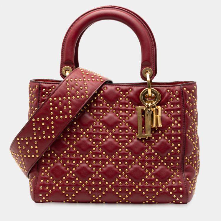 Pre Owned Dior Red Medium Lambskin Cannage Studded Supple Lady Dior
