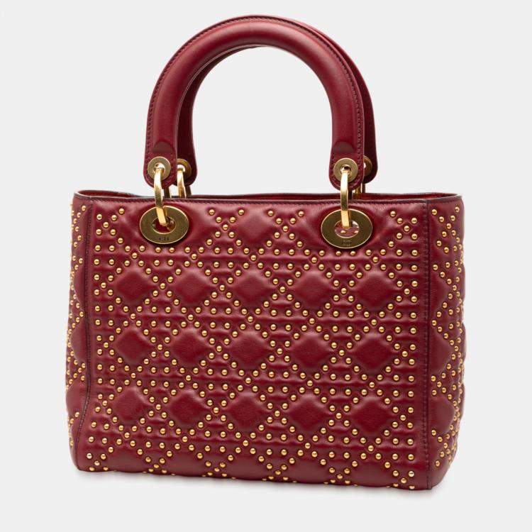 Pre Owned Dior Red Medium Lambskin Cannage Studded Supple Lady Dior