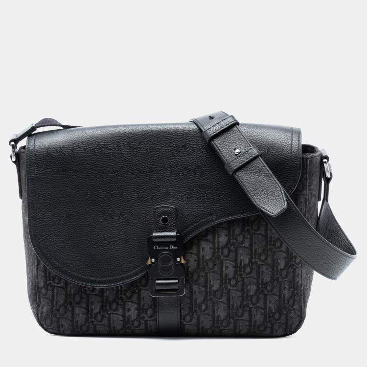 Pre Owned Dior Black Medium Oblique Canvas and Grained Calfskin Saddle Messenger Bag with Flap