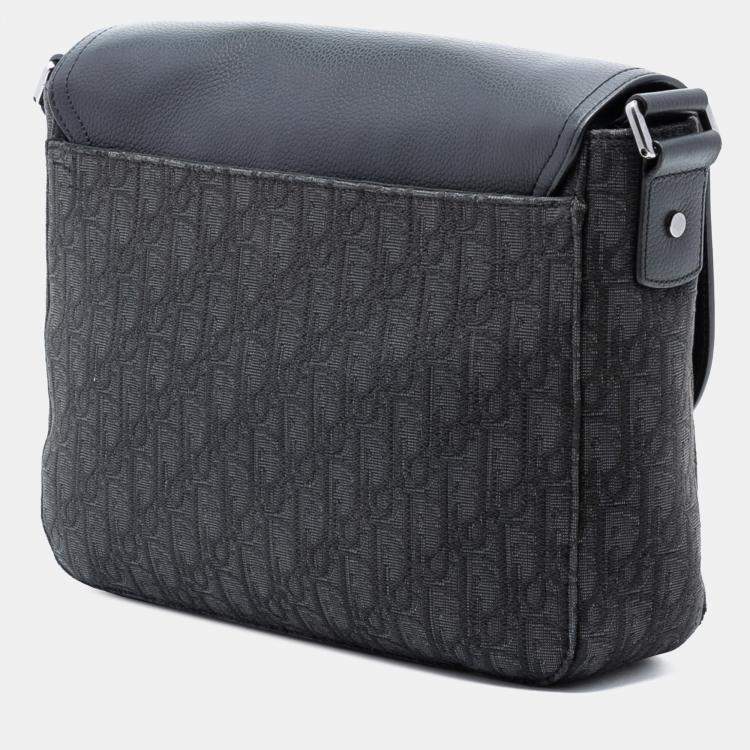 Pre Owned Dior Black Medium Oblique Canvas and Grained Calfskin Saddle Messenger Bag with Flap