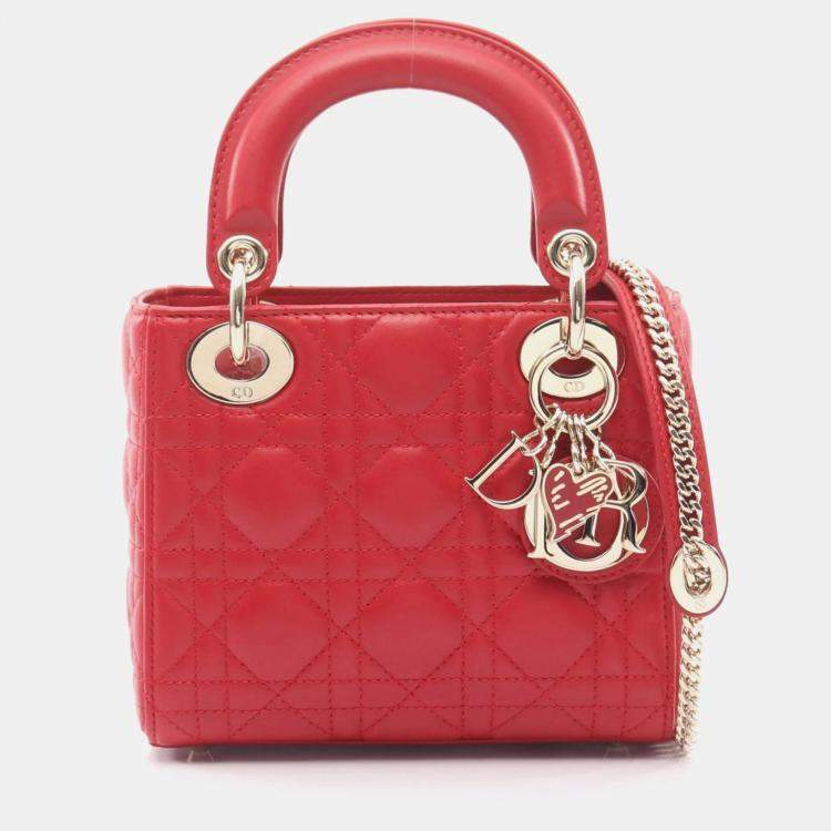 Pre Owned Christian Dior Dior Lady Mini Cannage Handbag Leather Red