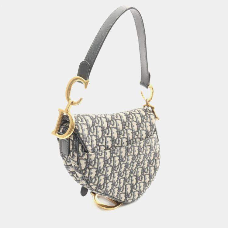 Pre Owned Christian Dior Dior Saddlebag Oblique Jacquard Handbag Canvas And Leather Beige Navy